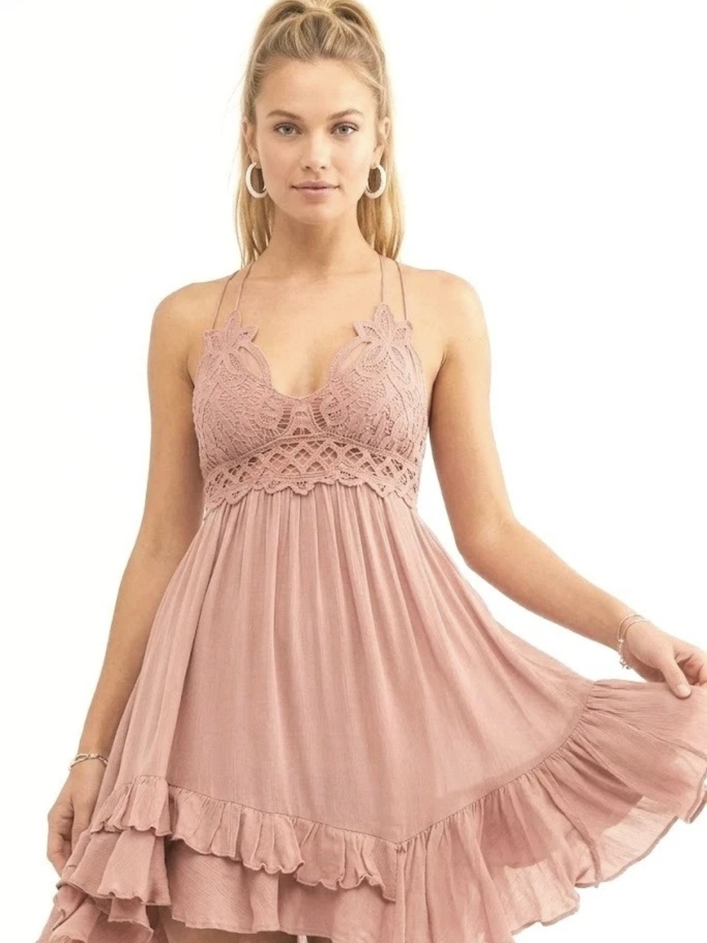 NWT FREE PEOPLE Adella Slip Rose Pink  Crochet Lace Smocked Mini Dress Size S